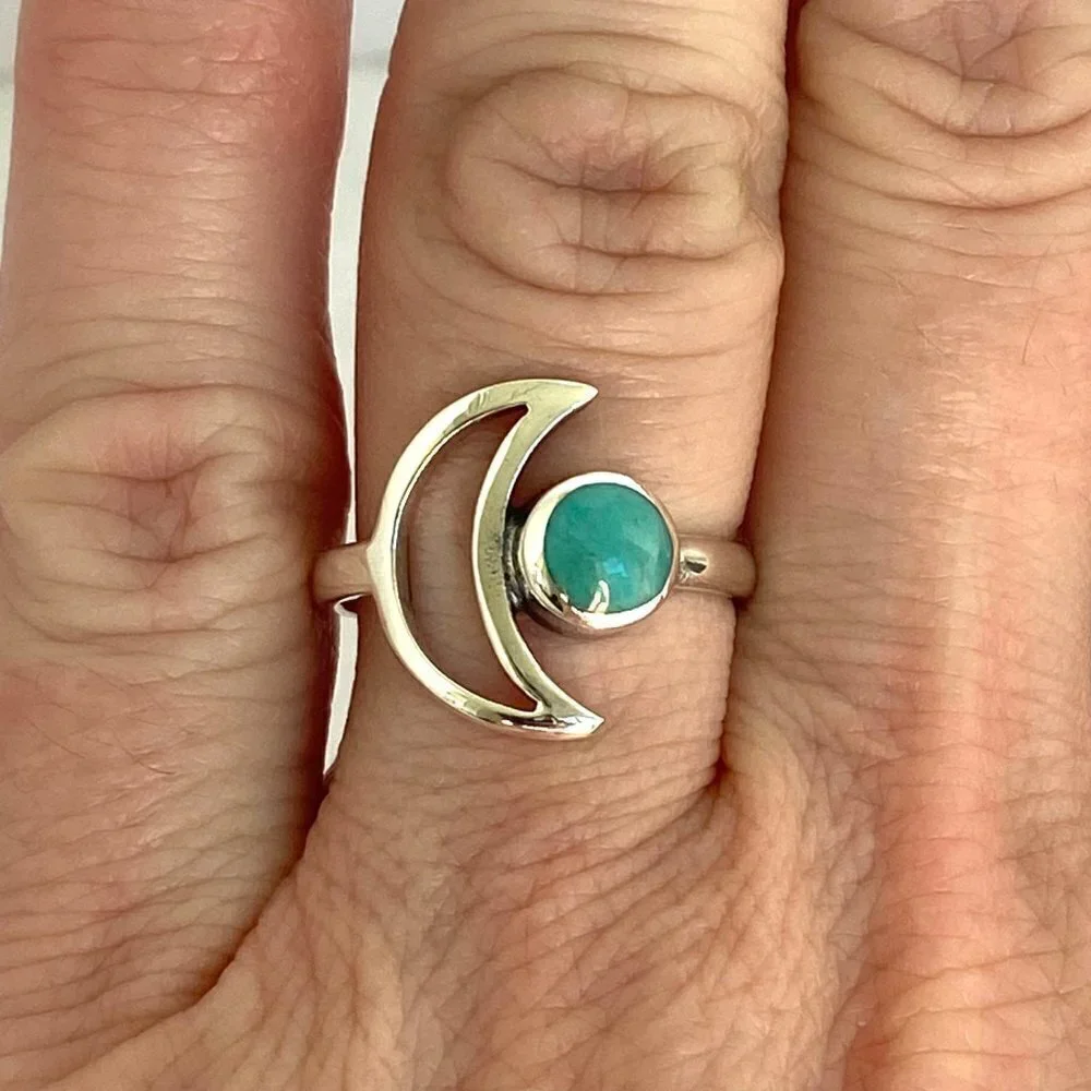 Sterling Silver 925 Thai Crescent Moon Round Turquoise Celestial Ring Sz 6.5 NEW